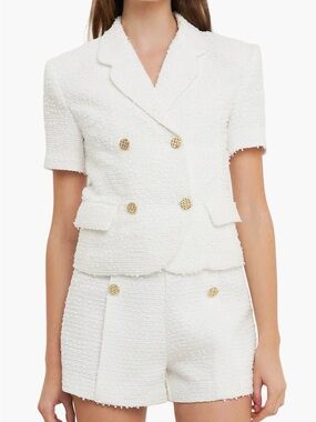 Endless Rose White Short-Sleeve Double-Breasted Bouclé Jacket